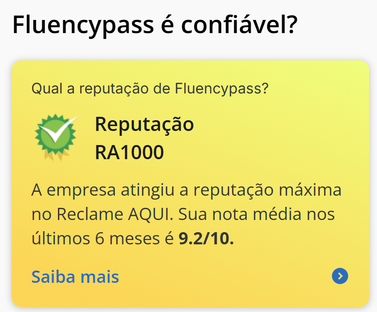 Fluencypass é bom? - Reputação 9.2 Reclame Aqui