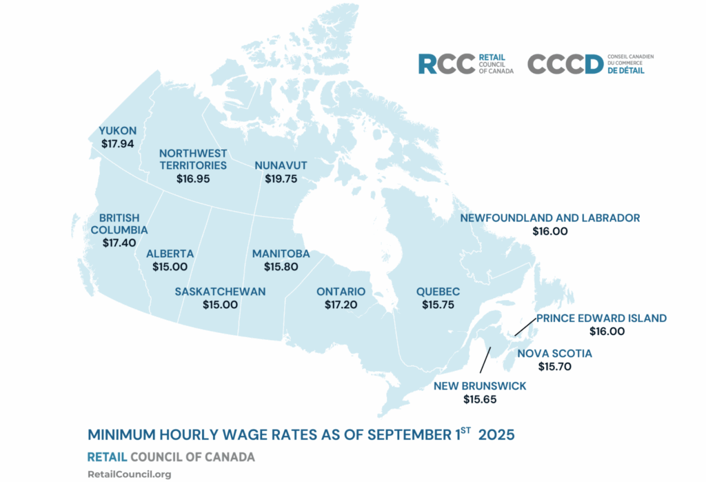 Salário Mínimo por Província no Canadá. MApa do Canadá com salários.